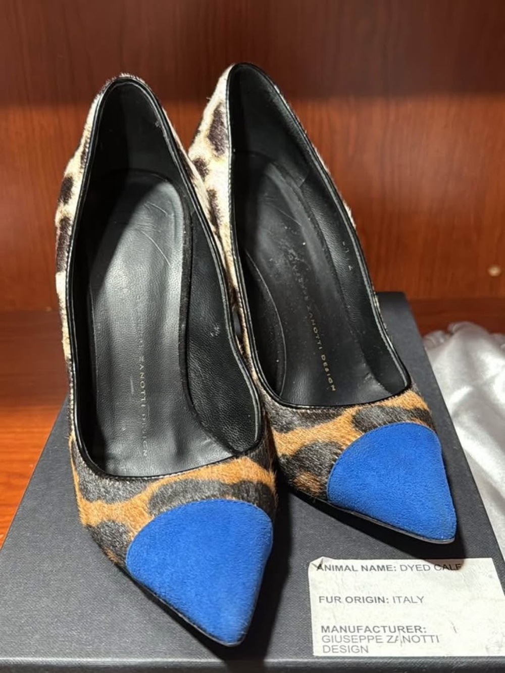 Giuseppe Zanotti Leopard Print Haircalf Pumps with Blue Cap Toe